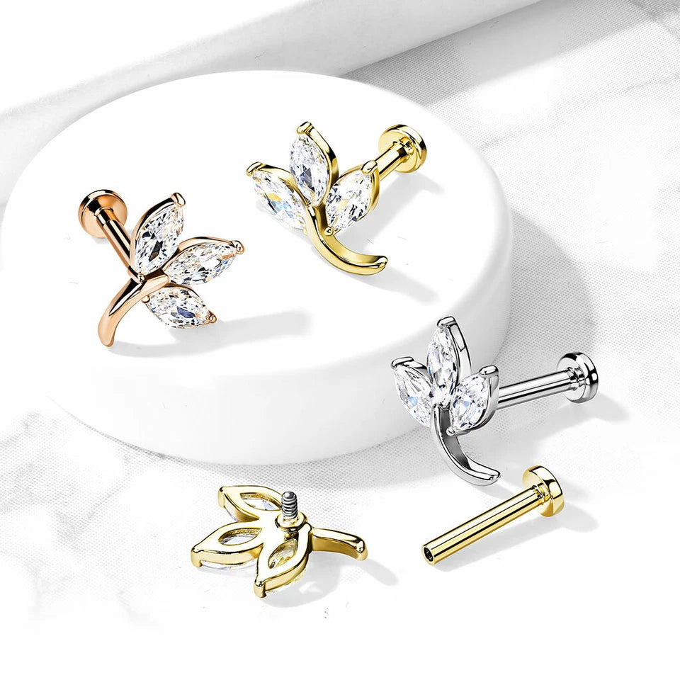 3-Marquise CZ Leaf Top on Internally Threaded 316L Surgical Steel Flat...