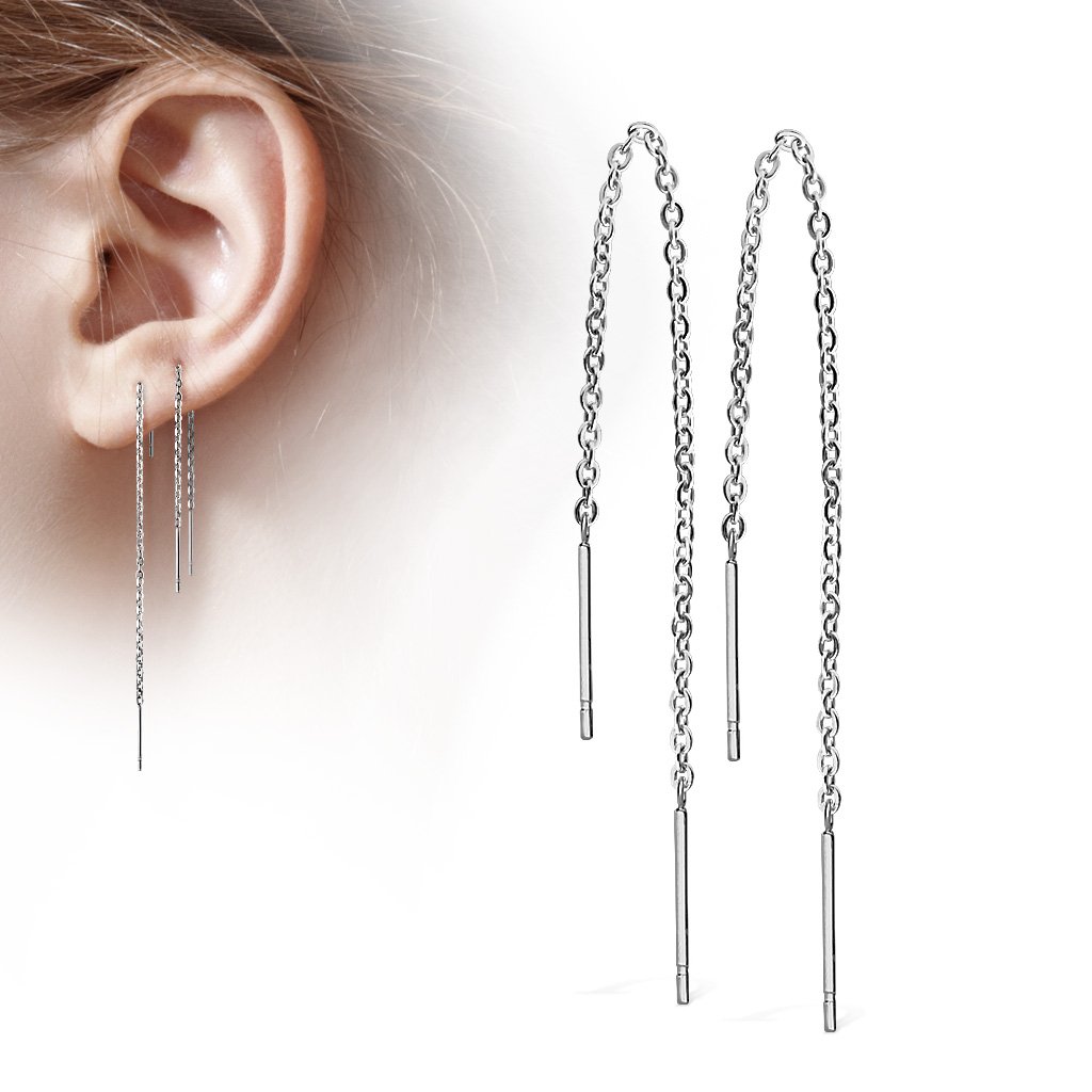 316L Surgical Steel Pair of Chained Free Falling Two Bars Stainless...