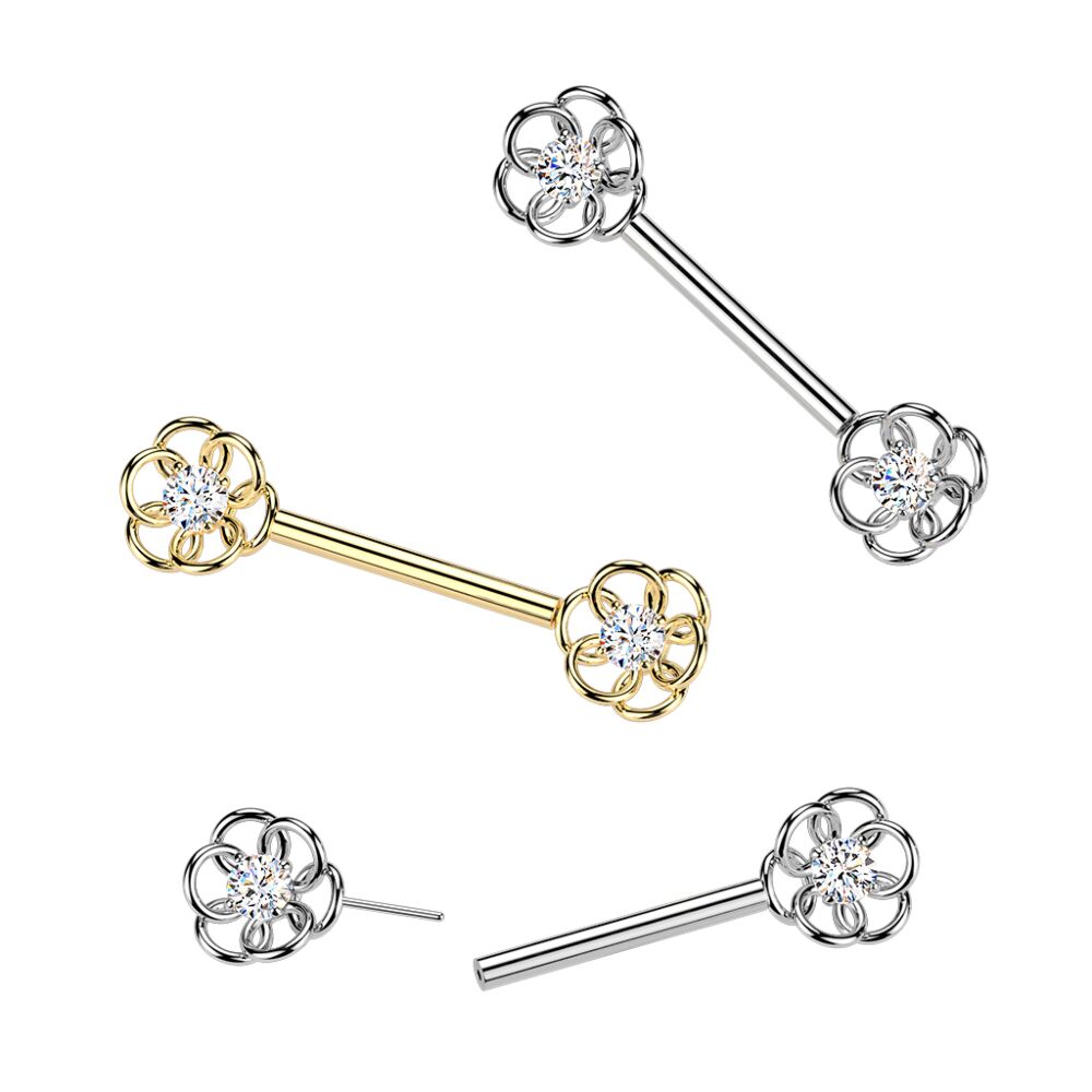 316L Surgical Steel 316L Threadless Push In CZ Center Flower Nipple Barbell