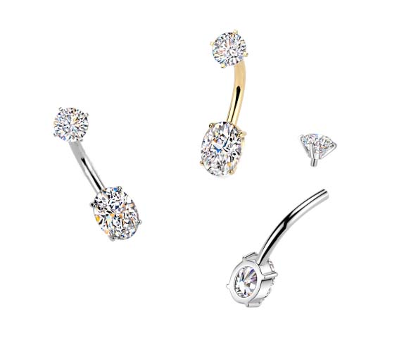 316L Surgical Steel All 316L Internally Threaded Prong Set Oval CZ...