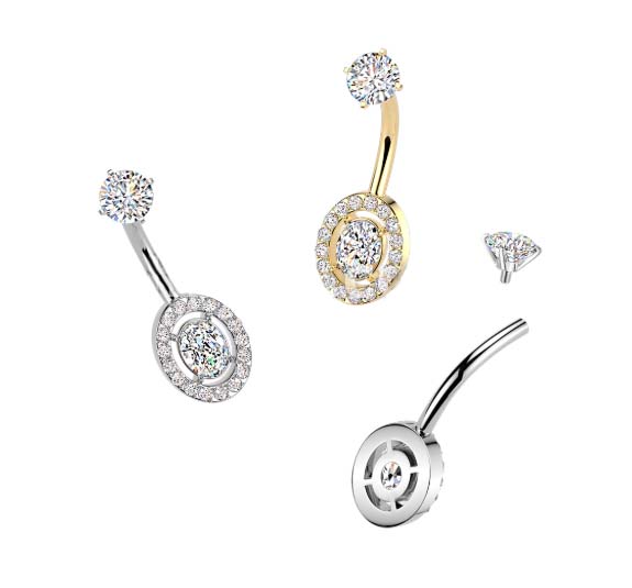 316L Surgical Steel All 316L Internally Threaded Prong Set Oval & Pave...