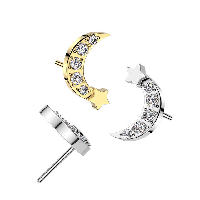 316L Surgical Steel Threadless Push In 5 CNC Set CZ Moon With Star Top