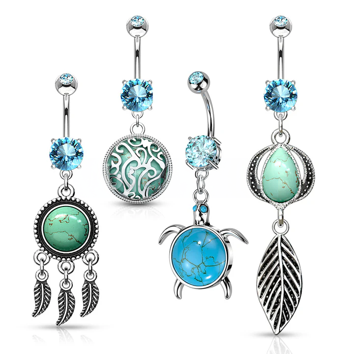 316L Navel Ring with Turquoise Semi Precious Stone Dangles