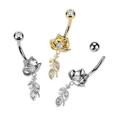 316L Surgical Steel 316L Belly Ring With Lotus Flower & CZ Vine Dangle