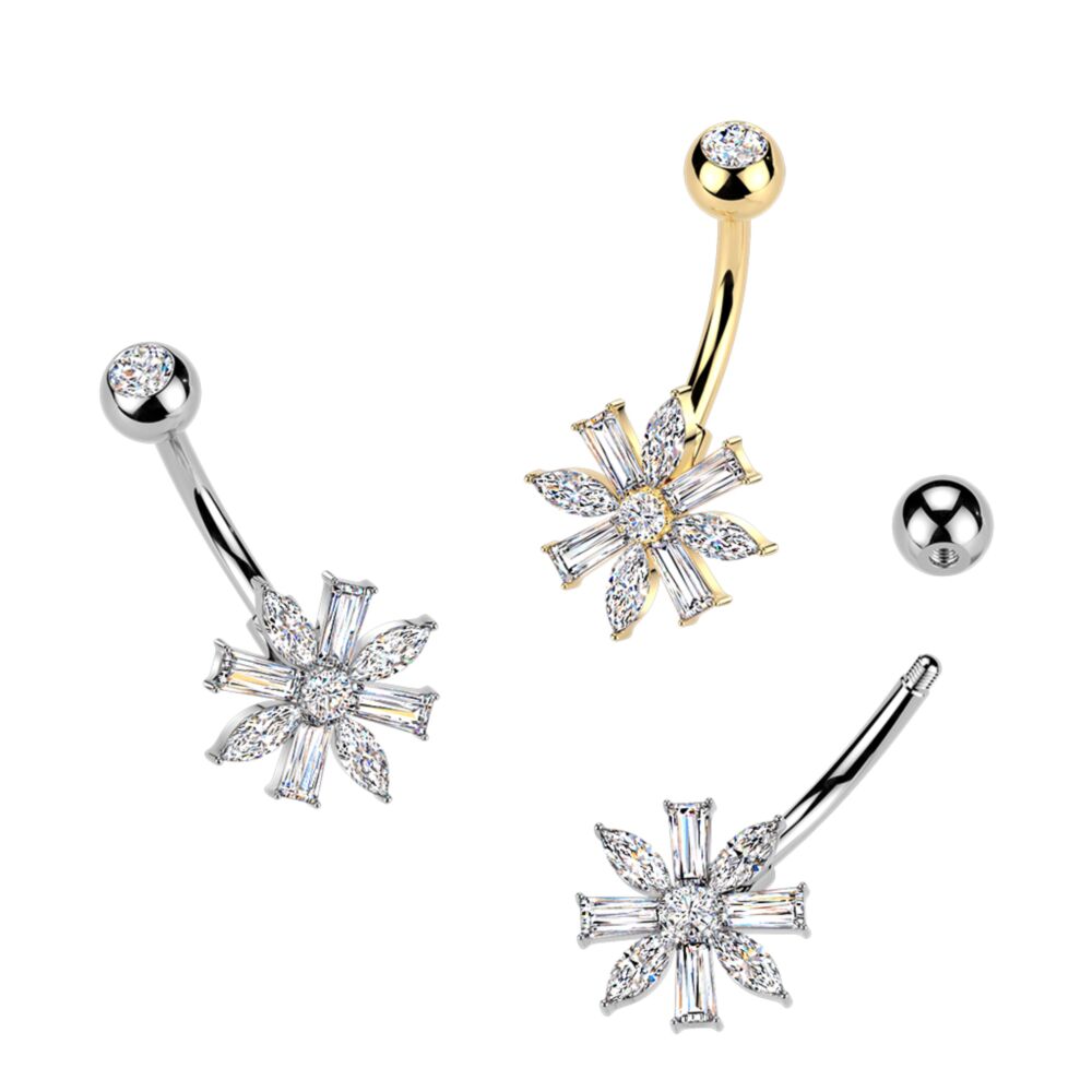 316L Surgical Steel 316L Belly Ring With Marquise & Baguette CZ Flower...