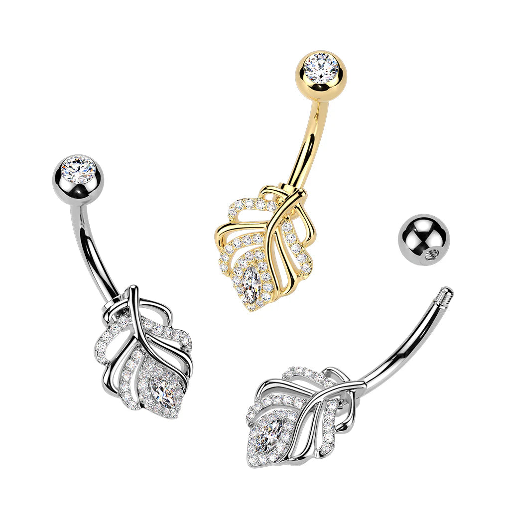 316L Surgical Steel 316L Belly Ring With Pave CZ Leaf and Press Fit CZ Top