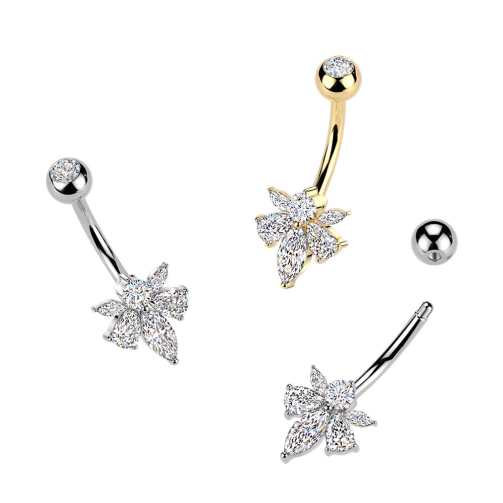 316L Surgical Steel 316L Belly Ring With Pear & Marquise CZ Bee and...