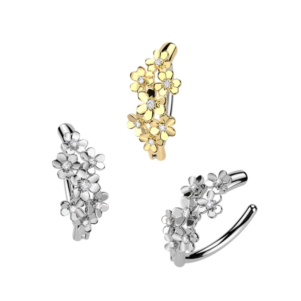 316L Surgical Steel 316L Hinged Belly Button Ring With CZ Centered Flowers