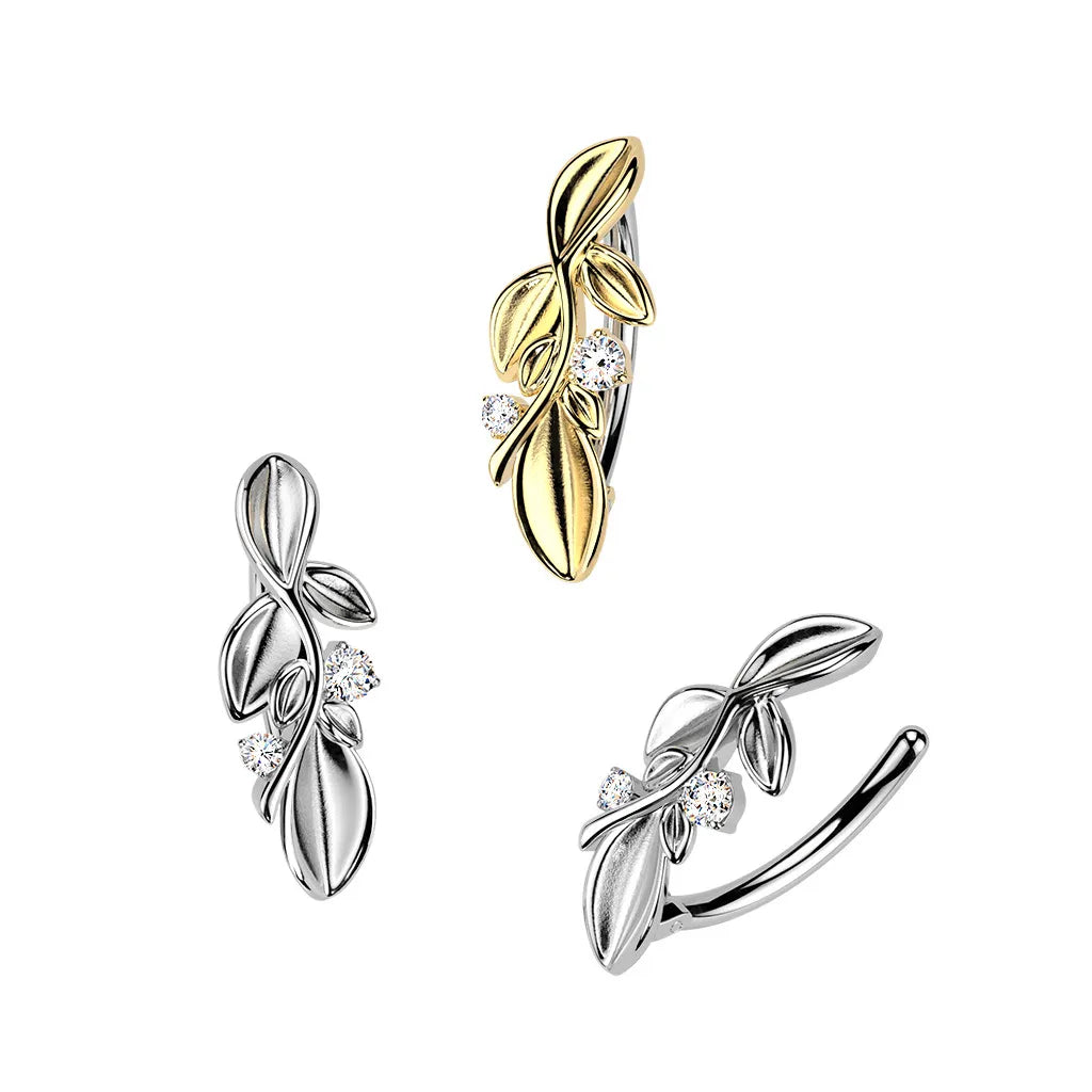 316L Surgical Steel 316L Hinged Belly Button Ring With Leafy Vine and 2 CZs
