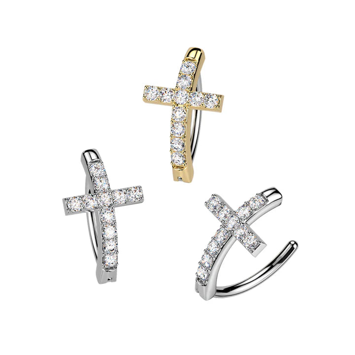 316L Surgical Steel 316L Hinged CZ Pave Cross Belly Button Ring