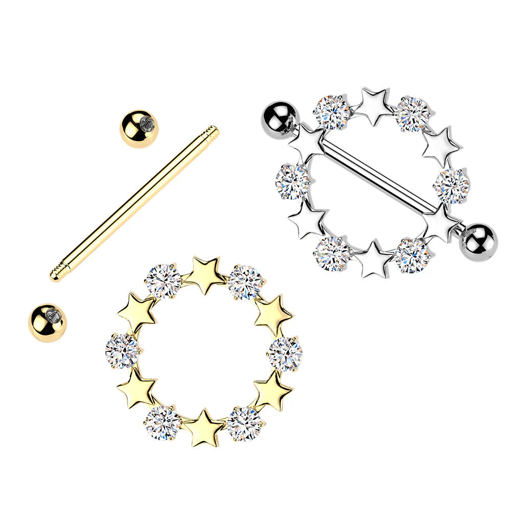 316L Surgical Steel 316L Nipple Barbell Ring With Star And Round CZ Shield