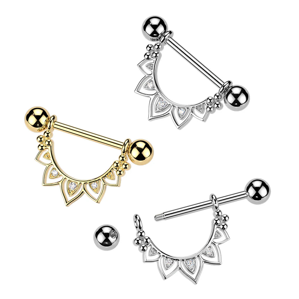 316L Surgical Steel 316L Nipple Barbell With CZ Filigree Fan Dangle