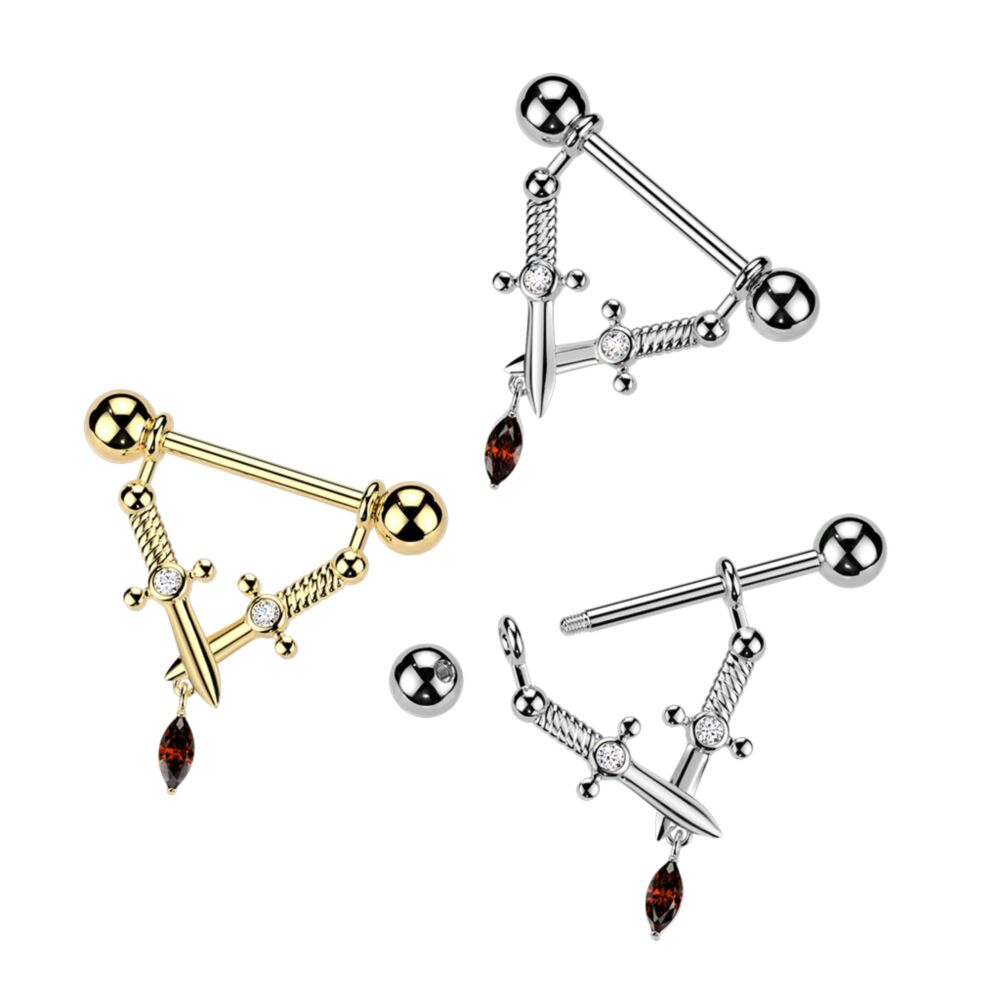 316L Surgical Steel 316L Nipple Barbell With Crossed Daggers & Marquise...
