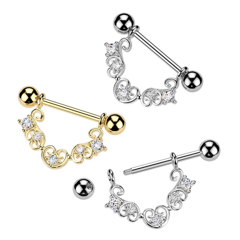 316L Surgical Steel 316L Nipple Barbell With Heart Filigree & Multi...