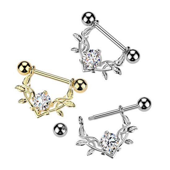 316L Surgical Steel 316L Nipple Barbell With Large Prong Set CZ Vine Dangle