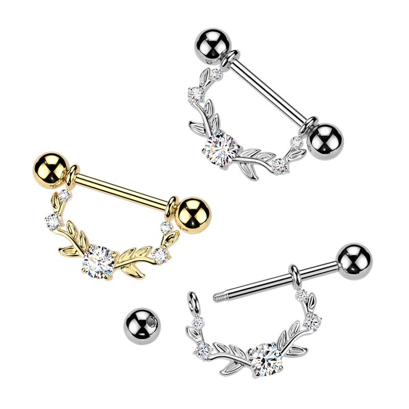 316L Surgical Steel 316L Nipple Barbell With Multi Prong Set CZ Vine Dangle