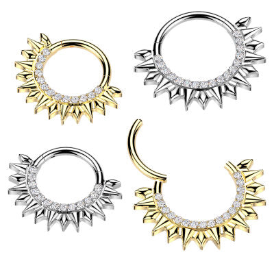 316L Surgical Steel 316L Spikes Fan Hinged Segment Hoop Ring With Pave...