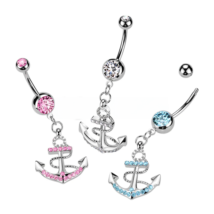 316L Surgical Steel 316L Surgical Steel Anchor Gemmed Dangle Belly...