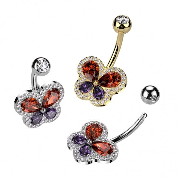 316L Surgical Steel 316L Surgical Steel Belly Ring With CZ Butterfly...