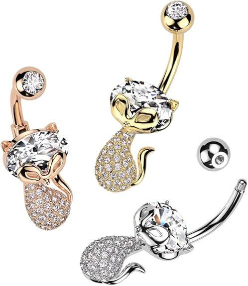 316L Surgical Steel 316L Surgical Steel Belly Ring With CZ Cat Head and...