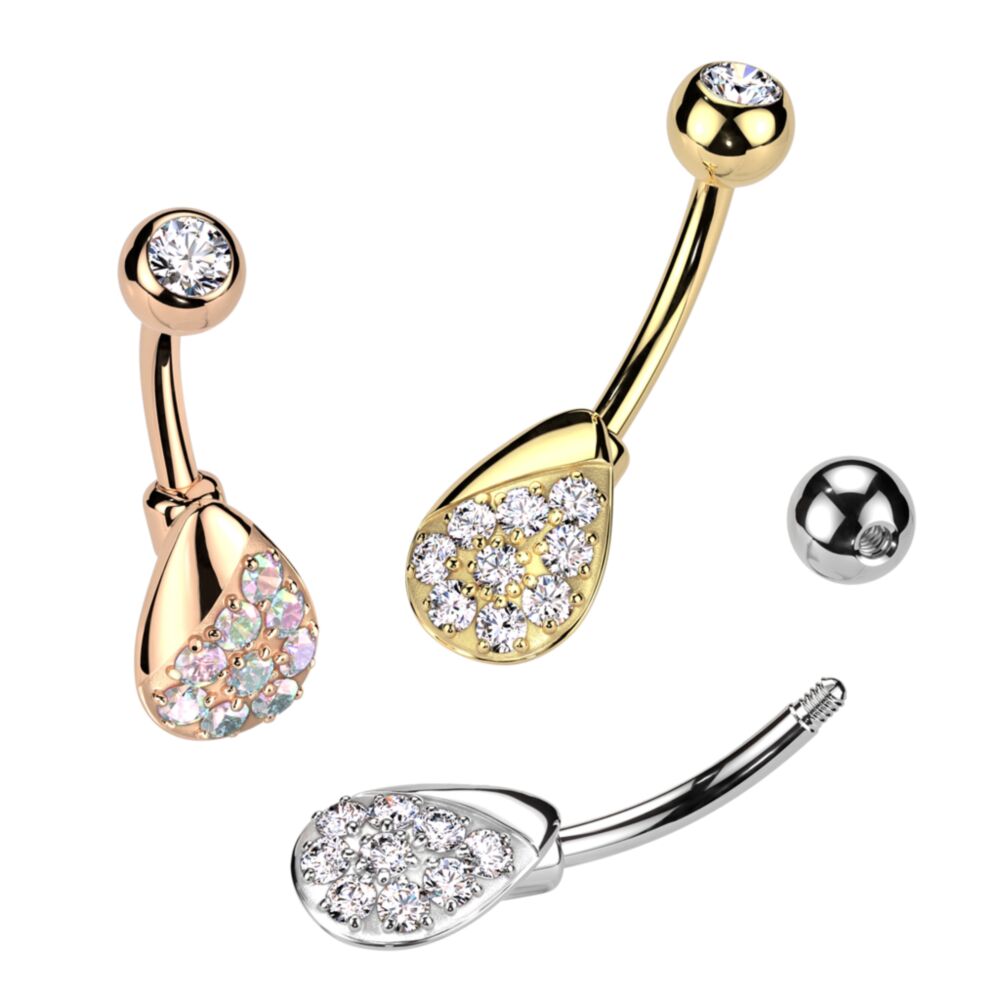 316L Surgical Steel 316L Surgical Steel Belly Ring With Pave CZ Teardrop