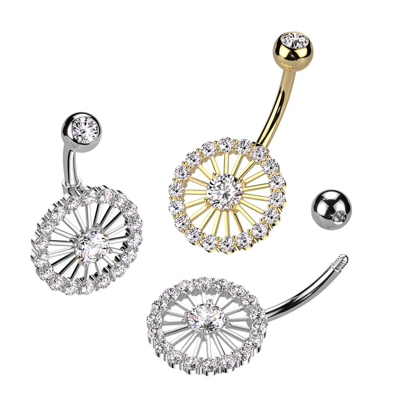 316L Surgical Steel 316L Surgical Steel Belly Ring With Pave CZ Wheel