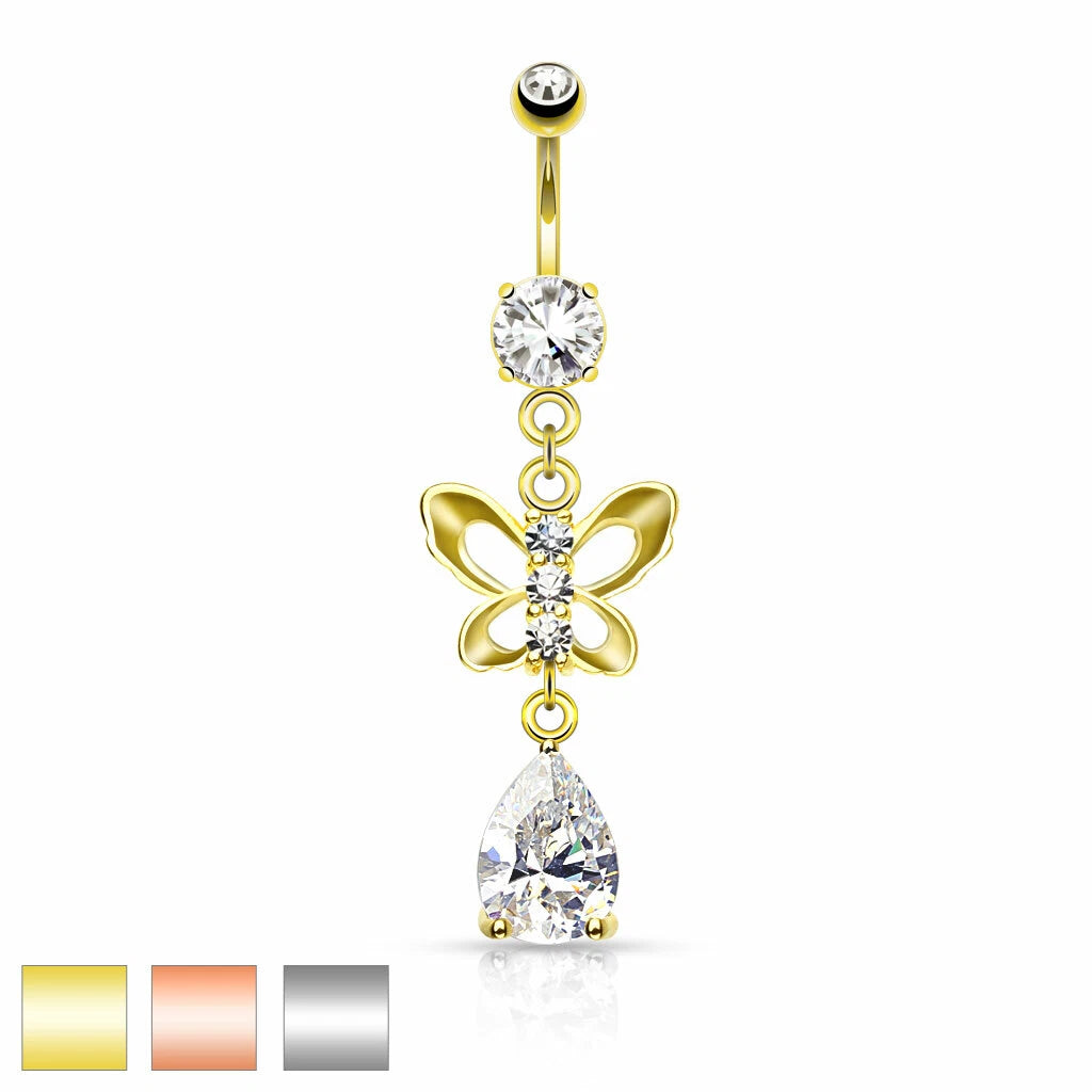 316L Surgical Steel 316L Surgical Steel Clear CZ Paved Butterfly and...