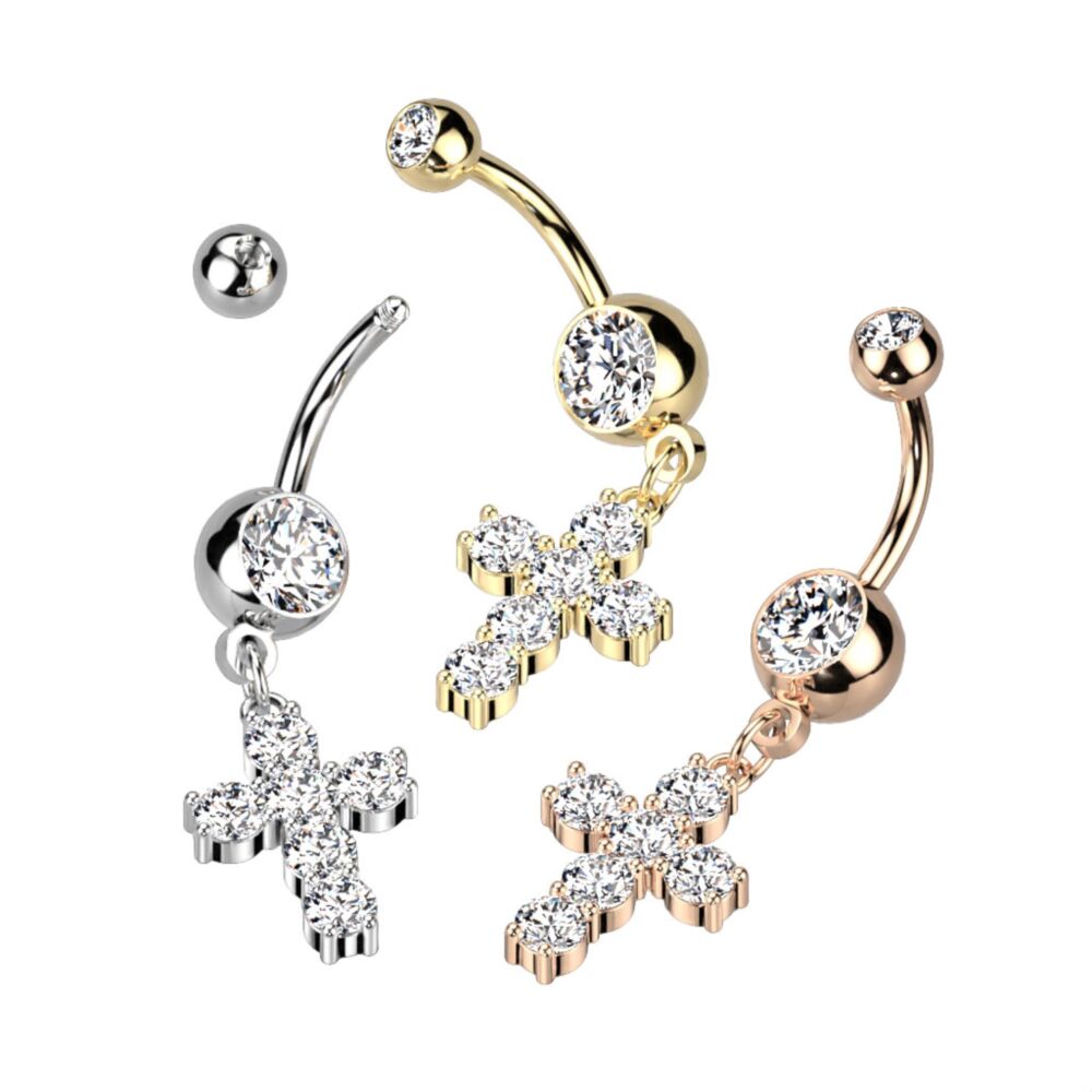 316L Surgical Steel 316L Surgical Steel Cross Dangle Double Jeweled...