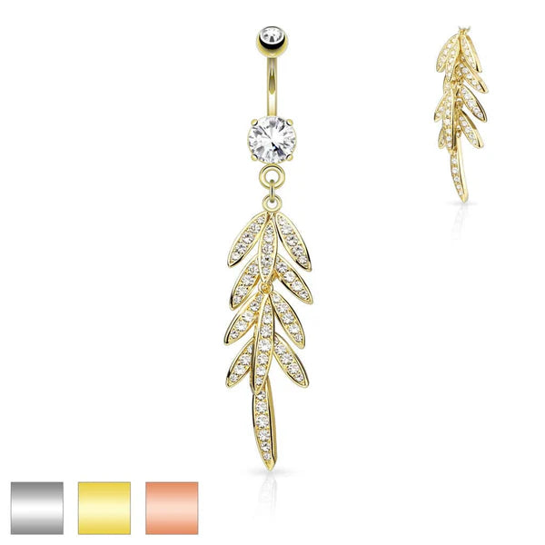 316L Surgical Steel 316L Surgical Steel Pave CZ Leaves Dangle Belly...