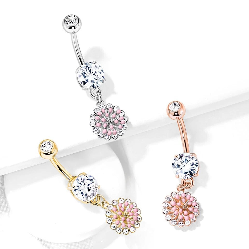316L Surgical Steel 316L Surgical Steel Pink Enamel Cluster With CZ...
