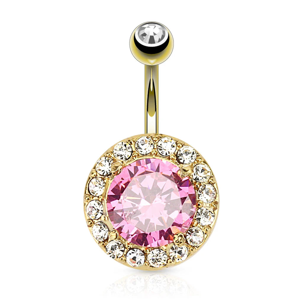 316L Surgical Steel 316L Surgical Steel Round Center Pink CZ With Clear...
