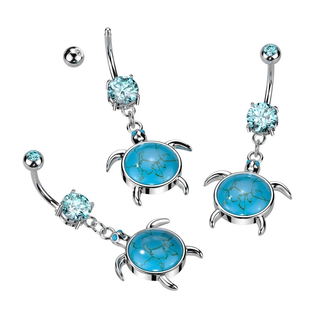 316L Surgical Steel 316L Surgical Steel Sea Turtle With Turquoise Semi...