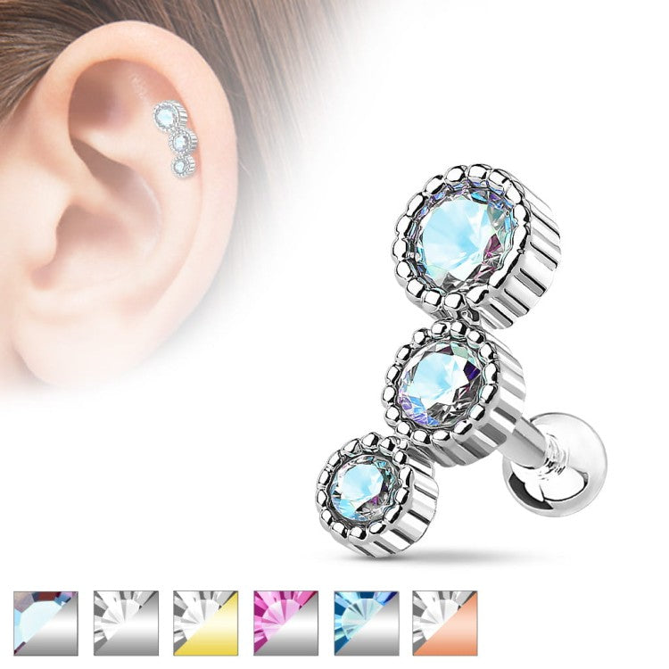 316L Surgical Steel 3 Round CZ Set 316L Surgical Steel Cartilage/Tragus Bar