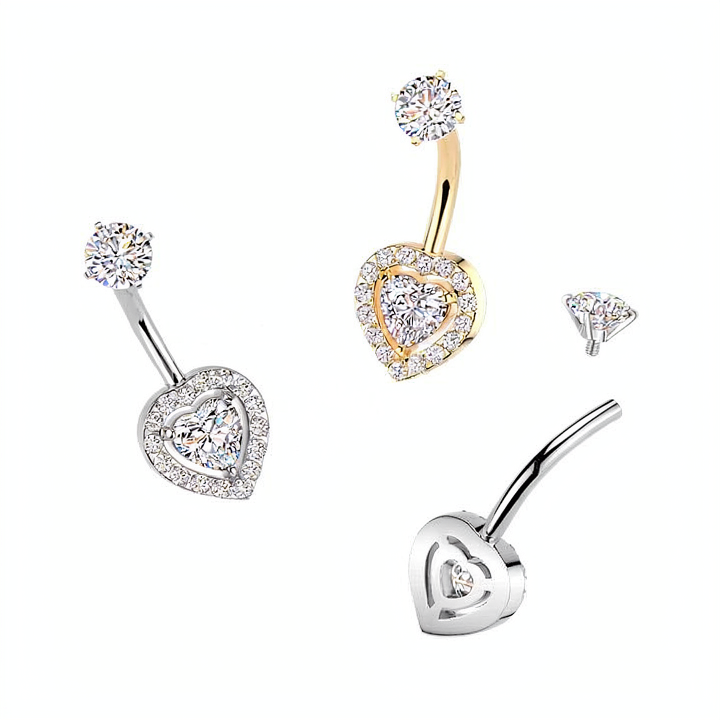 316L Surgical Steel All 316L Internally Threaded Prong Set Heart & Pave...