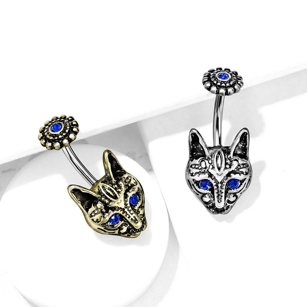 316L Surgical Steel Blue Crystal Eyes Tribal Cat With Blue Crystal...