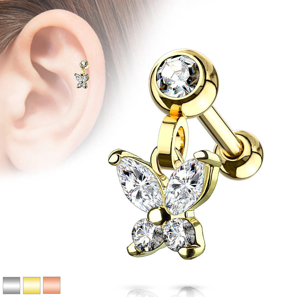 316L Surgical Steel CZ Butterfly Dangle Jeweled Set Ball 316L Surgical...