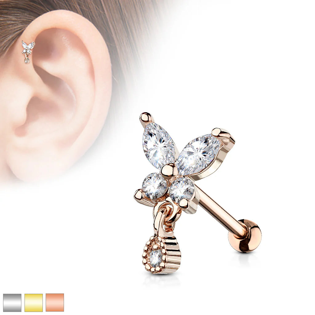316L Surgical Steel CZ Butterfly with tear Drop Dangle 316L Surgical...