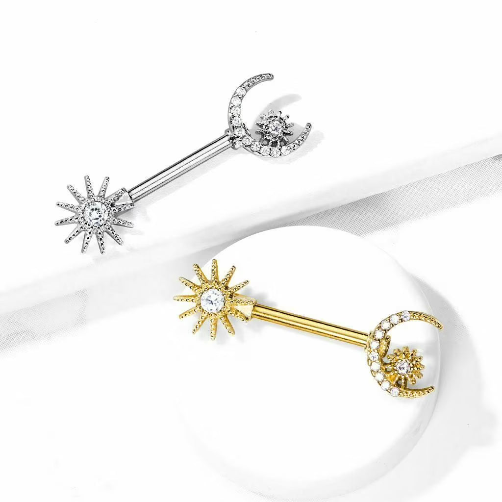 316L Surgical Steel CZ Center Sun and CZ Paved Crescent Moon and Star...