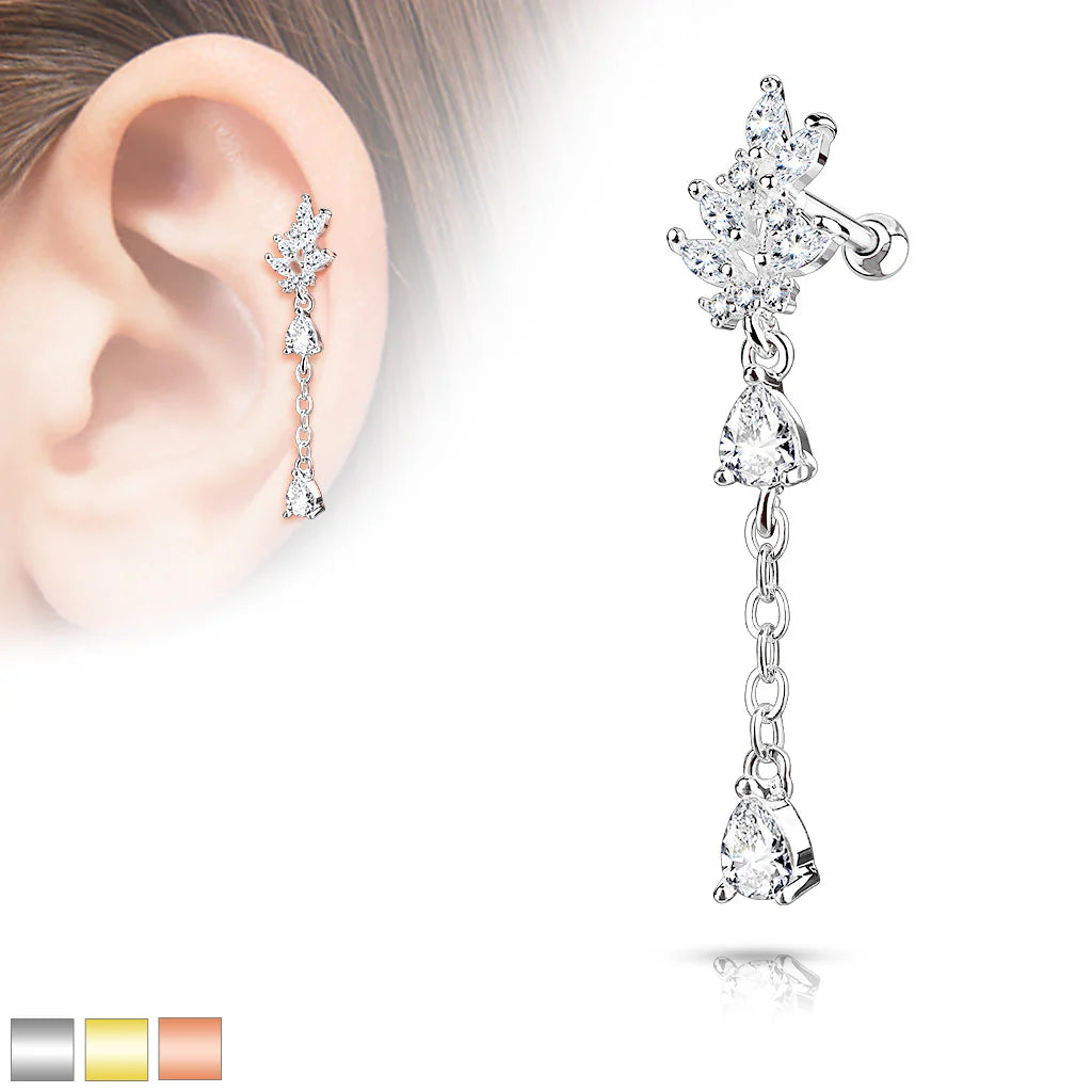 316L Surgical Steel CZ Cluster Leaf with Long Chain Dangled Pear CZ...