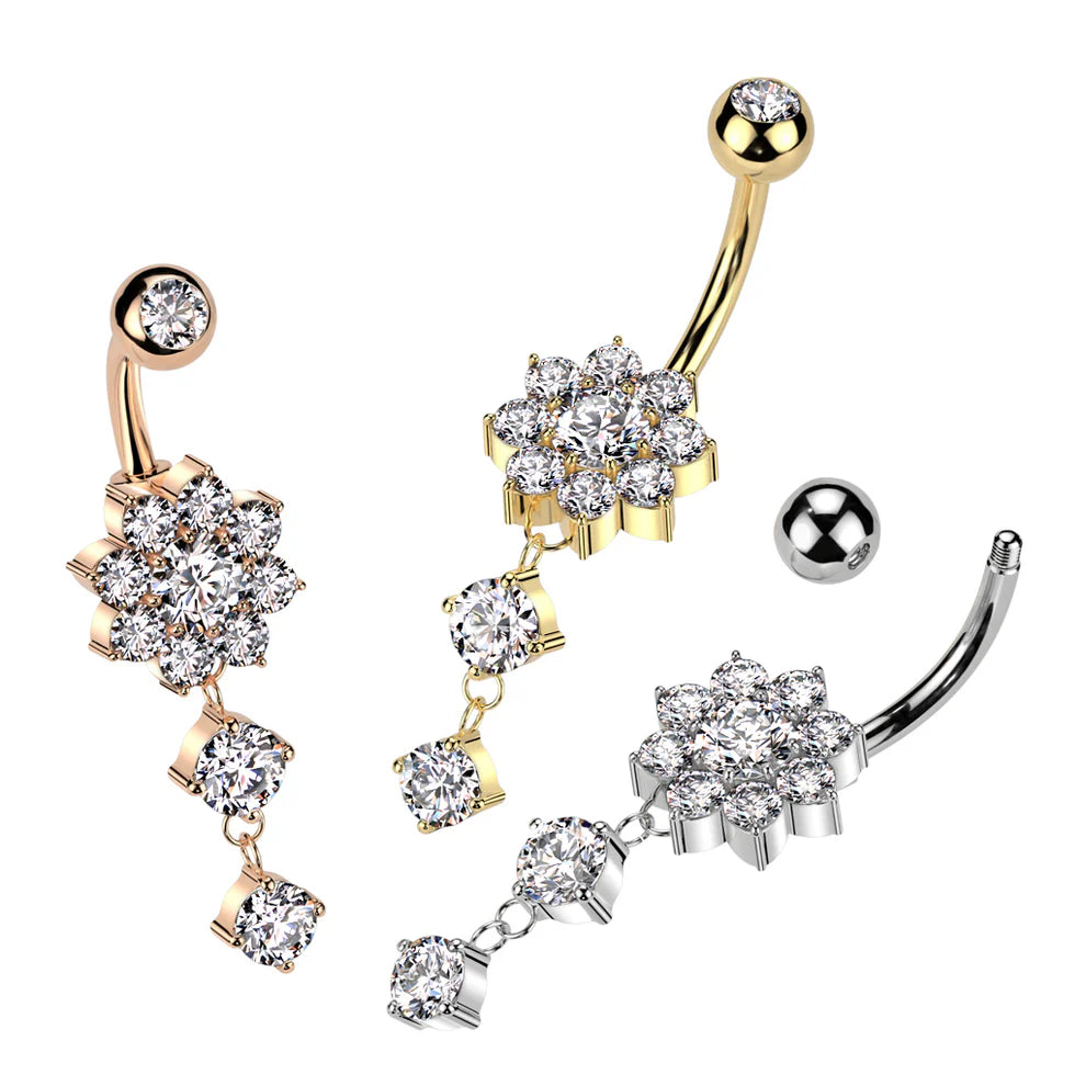316L Surgical Steel CZ Flower With Double Round CZ Dangle 316L Surgical...