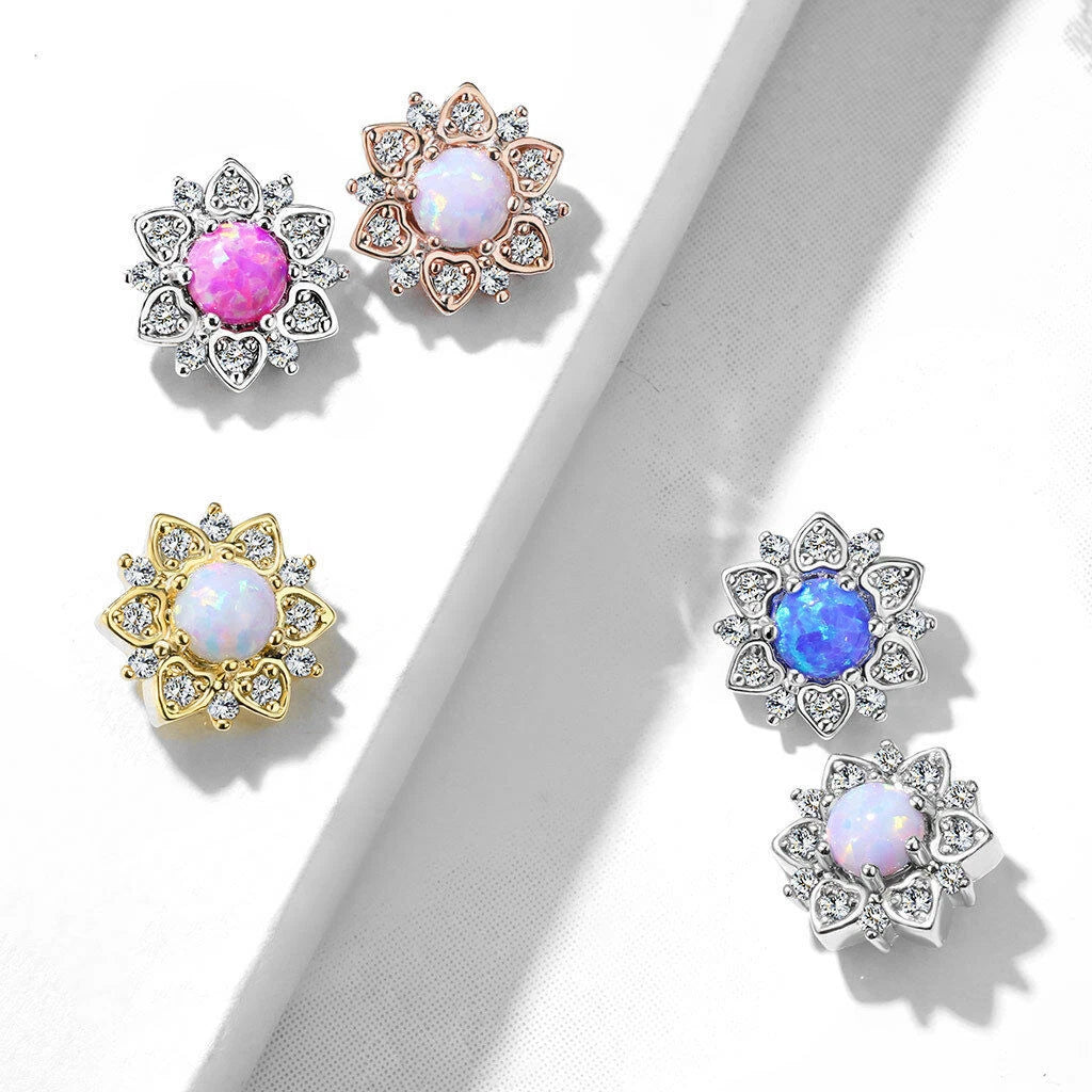 316L Surgical Steel CZ Flower With Opal Center Internally Threaded...