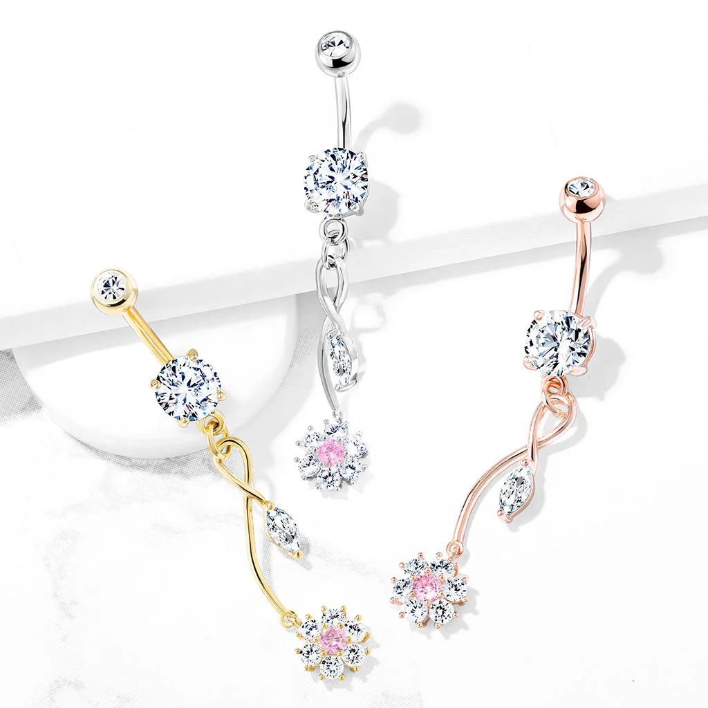 316L Surgical Steel CZ Flower With Pink CZ Center and Marquise CZ Leaf...