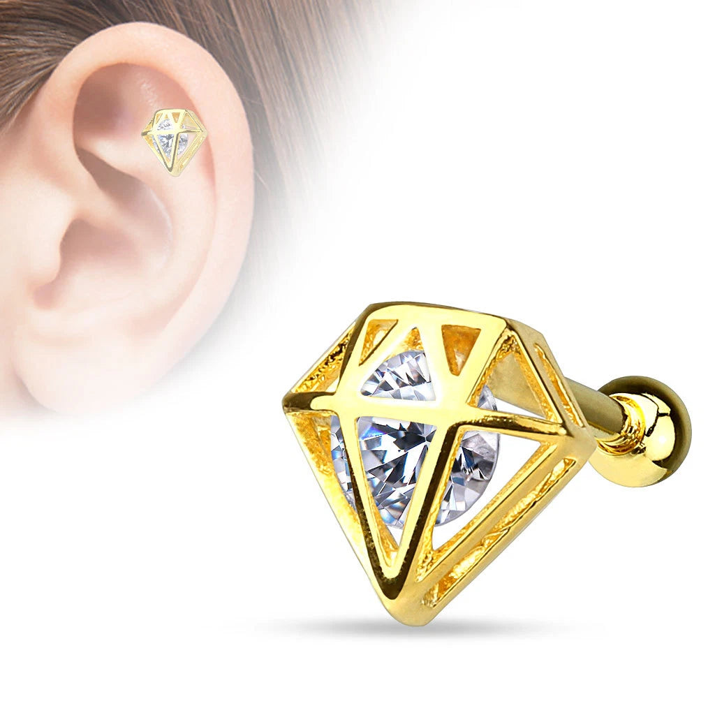 316L Surgical Steel CZ Incased Diamond 14Kr. Gold Plated over 316L...