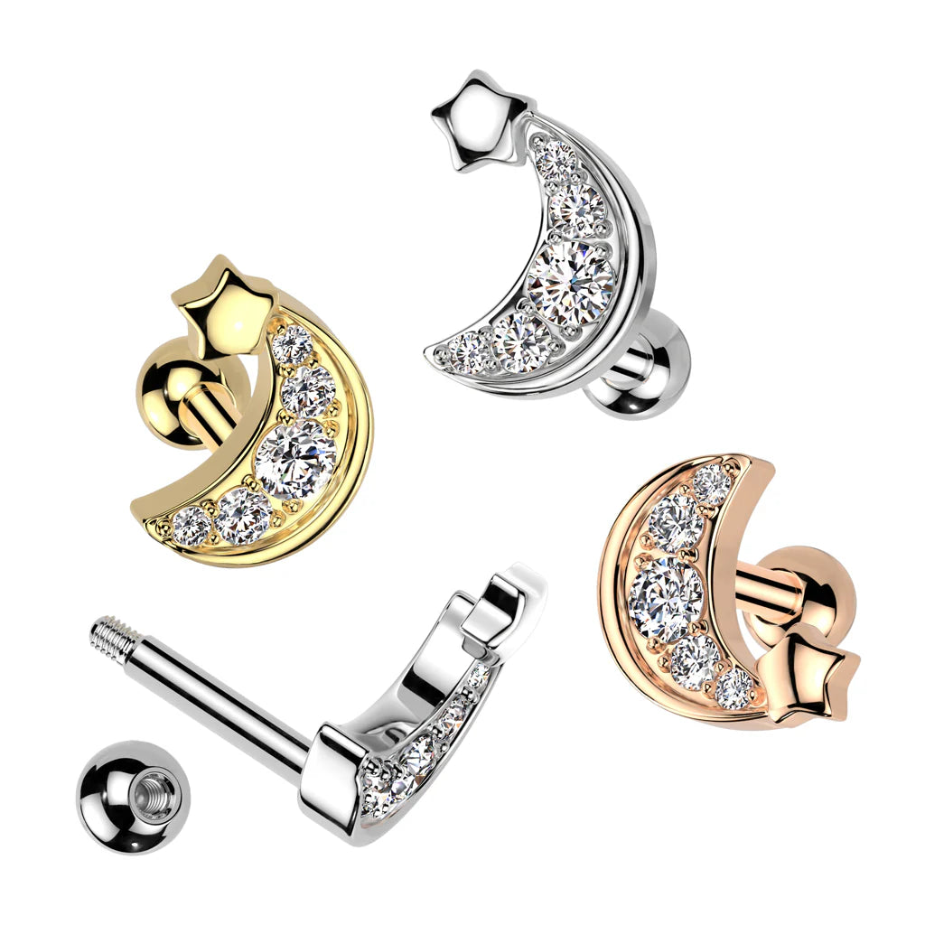316L Surgical Steel CZ Pave Crescent Moon With Star 316L Surgical Steel...