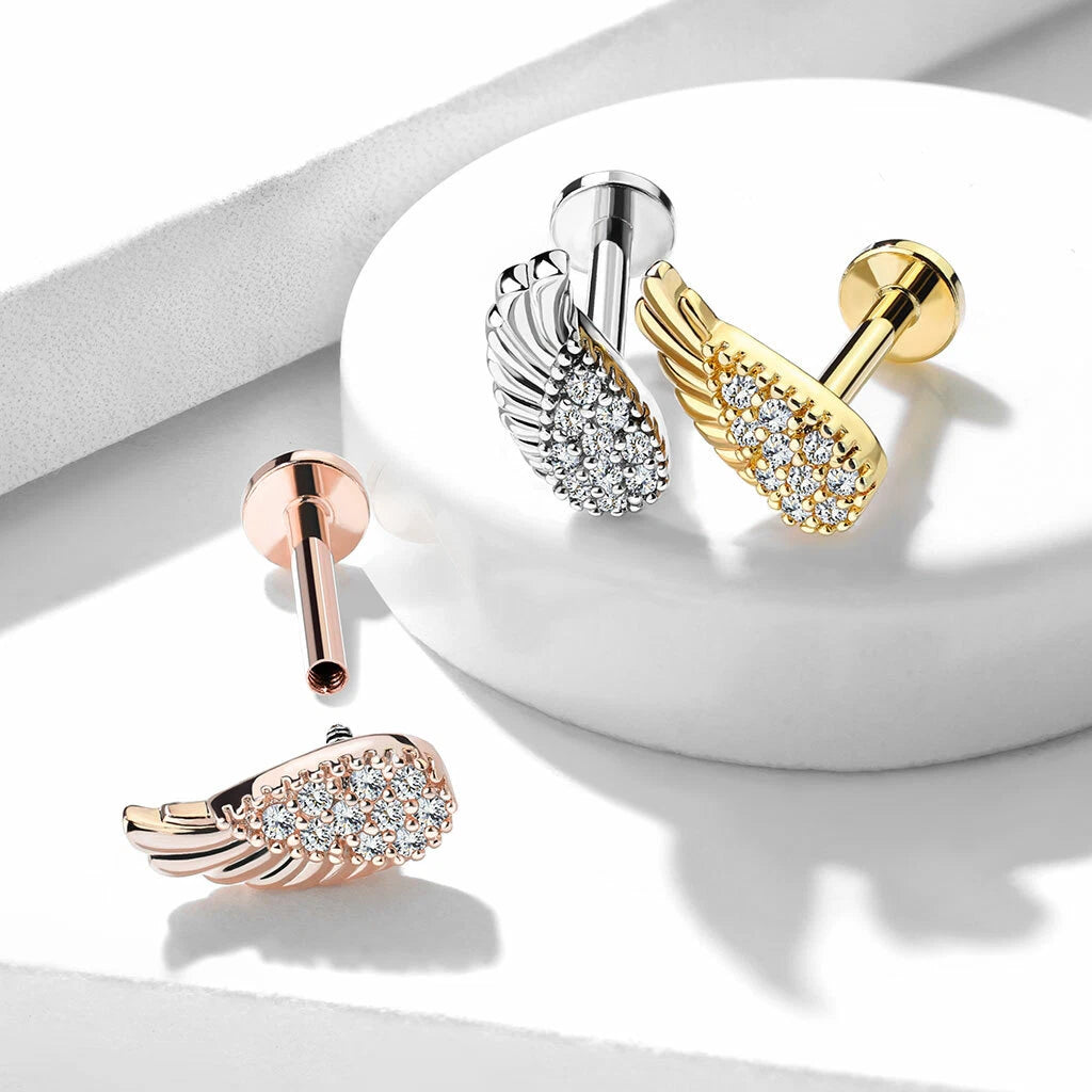316L Surgical Steel CZ Paved Angel Wing Top Internally Threaded 316L...