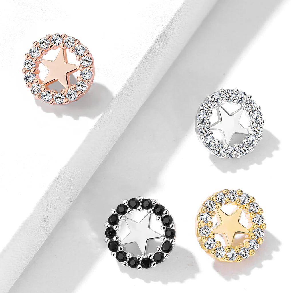 316L Surgical Steel CZ Paved Circle Outlined Star Center Internal...