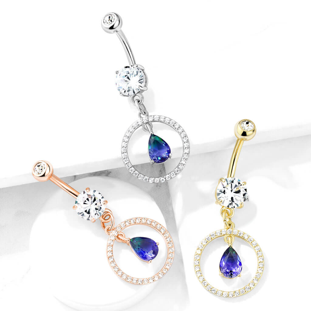 316L Surgical Steel CZ Paved Circle With Pear Shaped Green and Blue Two...