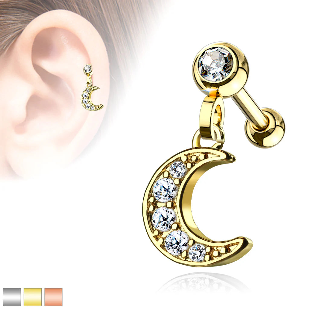 316L Surgical Steel CZ Paved Crescent Dangle Jeweled Set Ball 316L...
