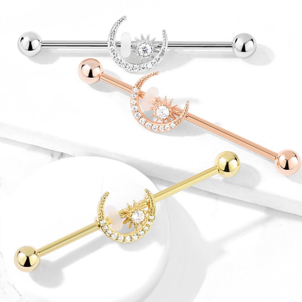 316L Surgical Steel CZ Paved Moon with CZ Center Star 316L Surgical...