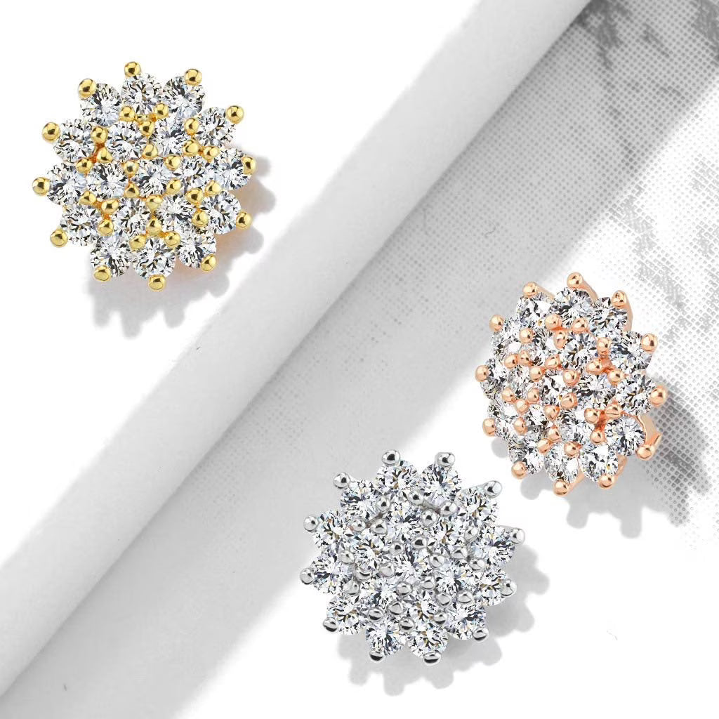 316L Surgical Steel CZ Paved Sunburst Internally Threaded Dermal Tops